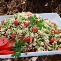 V-Tabouli Salad سالاد تابولی · Simple Mediterranean salad, finely chopped parsley, tomato, onion mint bulgur wheat, and sea...