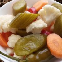 V=Shoor (Pickled Veggies) شور ترشی · Persian pickled mixed vegetables: eggplant, vinegar, cauliflower cucumber, garlic, cabbage, ...
