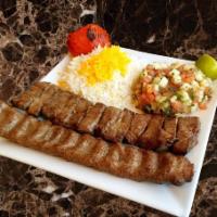 Kabab Soltani چلوکباب سلطانی · Combination plate of barg and beef koobideh. 1 skewer of thinly sliced filet mignon and 1 sk...