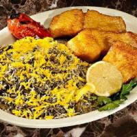 Rainbow Trout · Filet of rainbow trout seasoned and either charbroiled or fried. Served with sabzi polo (gre...