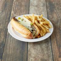 Philly Steak Sandwich · Topped with mozzarella cheese, grilled onions and green peppers and choice of fries or chips...