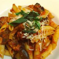 Penne Salsiccia · Spicy Italian sausage, mushrooms and garlic with a light creamy marinara sauce.