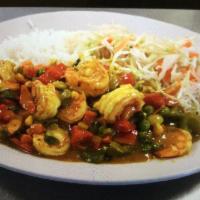Curry Shrimp · Serves with white rice, steam veggies and plantains or just veggies