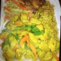 Curry Veggie Chunks · Serves with white rice or rice and peas veggies and plantains 