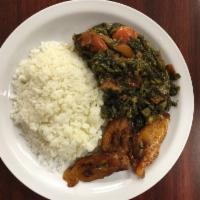 Calaloo · Serves with white rice or rice and peas and plantains 