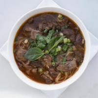 N4. Beef Noodle Soup · Rice noodle in beef broth with bean sprouts, scallions, cilantro, and basil.