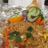 R1. Thai Fried Rice  · Rice stir fried with choice of meat, egg, onions, tomatoes and scallions.