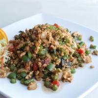 E1. Thai Basil Ground Chicken · Sauteed choice of meat with green beans, bell peppers, garlic, onions, chili and basil.