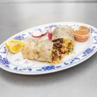 2. Burritos · Flour tortilla filled with your choice of meat, rice, beans, onions, cilantro.