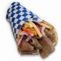 Gyro Sandwich · Combination of lamb and beef. Wrapped in pita bread,
with tzatziki sauce, onions, tomatoes a...