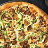 Medium The Philly Pizza  · 8 slices. Melty white cheese sauce piled high with tender shaved steak, marinated mushrooms,...