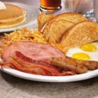 Breakfast 6 Items · You choice between 2 eggs,bacon, sauce, ham, white or wheat toast, bagel, Cuban toast, hash ...