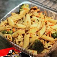 Pasta Salad · Penne or other pasta, grilled chicken, and roasted vegetables: onion, green peppers, mushroo...