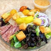 Antipasto Salad · Crispy greens, salami, red onions, black olives, pepperoncini peppers, tomatoes, oven-baked ...