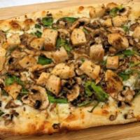 Roasted Garlic Chicken Flatbread · Thin crust topped with white creamy garlic sauce, mushrooms, mozzarella and Monterey Jack ch...