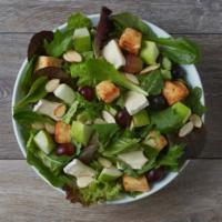 Parisian Salad · Baby leaf and romaine greens, Brie cheese, green apples, red grapes, sliced almonds, apple h...