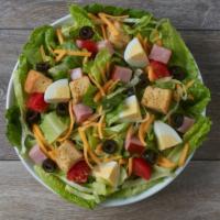 Gourmet Chef Salad · Romaine and iceberg greens, plum tomatoes, egg, black olives, cheddar cheese, deli ham, Thou...