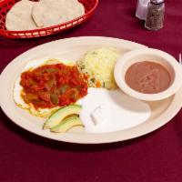 Huevos Rancheros Plato Breakfast · Ranch style eggs. Includes rice, beans, cream and 2  tortillas.