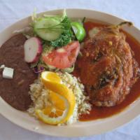 Chile Relleno Plato · Stuffed bell pepper. Served with rice, beans, salad and 2  tortillas.