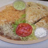 Quesadilla  · Quesadilla Chicken, Meat Or Cheese
Served with rice, beans, and salad

