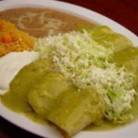 Enchiladas · Enchiladas Chicken, Meat Or Cheese
Served with rice, beans, and salad
