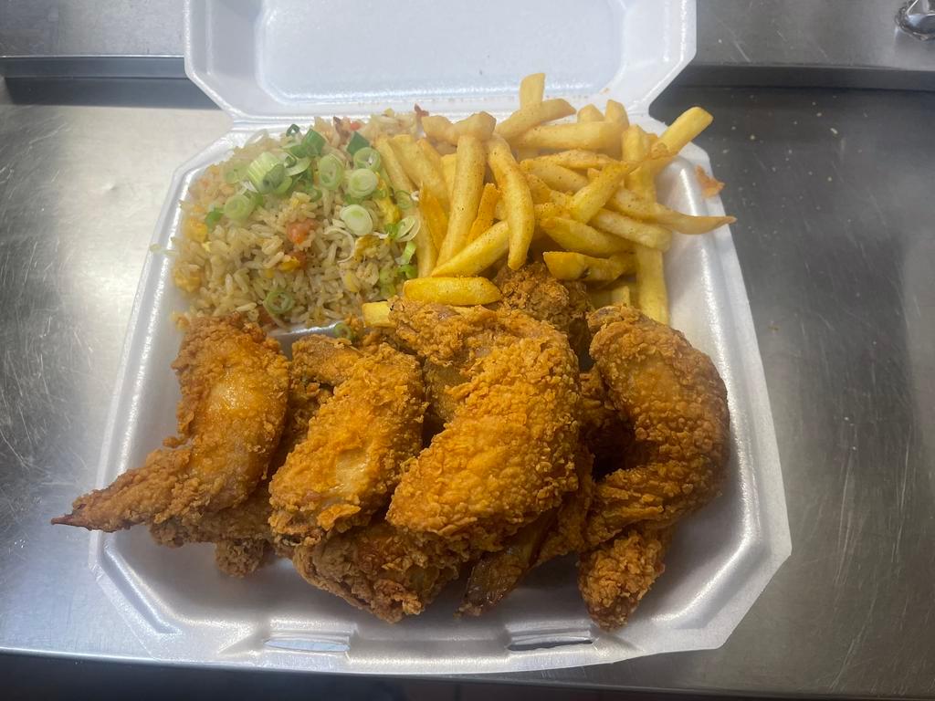 3. 14 Wings Platters · Part. Cooked wing of a chicken serve with 2 item (Shrimp Fried Rice or French Fries and Salad)