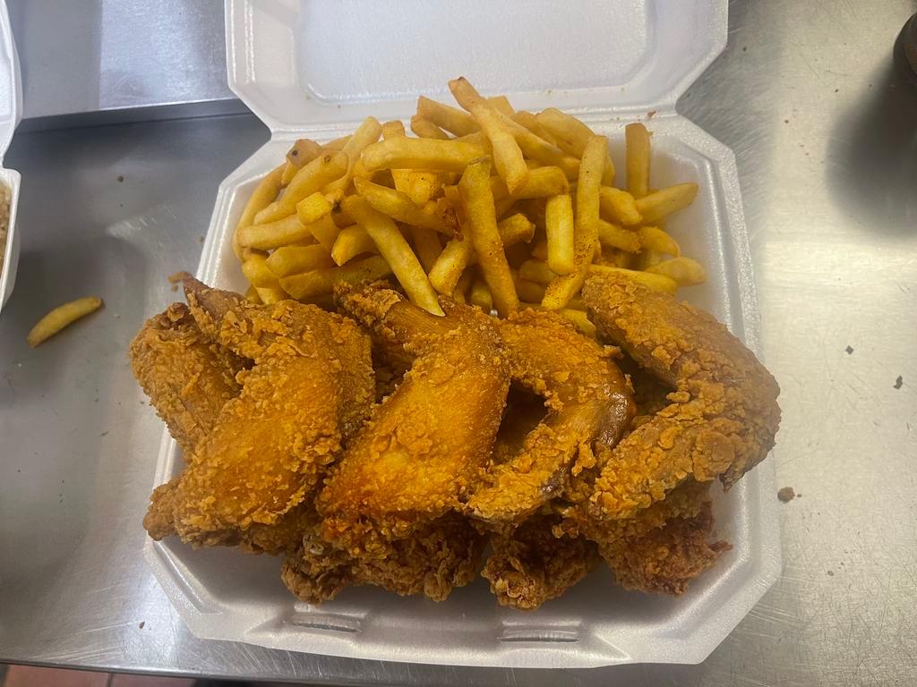 4. 20 Wings Platters · Part. Cooked wing of a chicken serve with 2 item (Shrimp Fried Rice or French Fries and Salad)