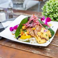 Ohana Pork · Smoked pork with Hawaiian huli sauce, grilled pineapple, pickled onion, sesame seeds, roast ...