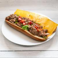 Philly Cheesesteak · Grilled beef, melted American cheese, sauteed onions, bell peppers with gravy or ketchup on ...
