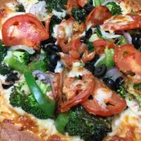 Veggie Pizza · Cheese, pizza sauce, spinach, mushrooms, green peppers, onions, tomatoes, black olives and b...