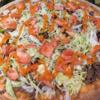 Taco Pizza · Steak, hot sauce, lettuce, tomatoes and sour cream.