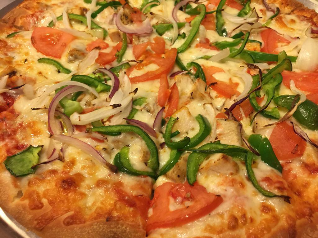 Grilled Chicken Special Pizza · Cheese, pizza sauce, grilled chicken, tomato, onions and green peppers.