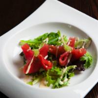 Wasabi Tuna Dumpling · King crab and avocado wrapped by thin-sliced tuna with wasabi mayo sauce. 