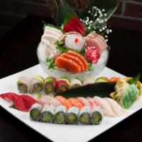 Sushi and Sashimi for 2 · 10 pieces of sushi, 15 pieces of sashimi, one special roll and one California roll. Served w...