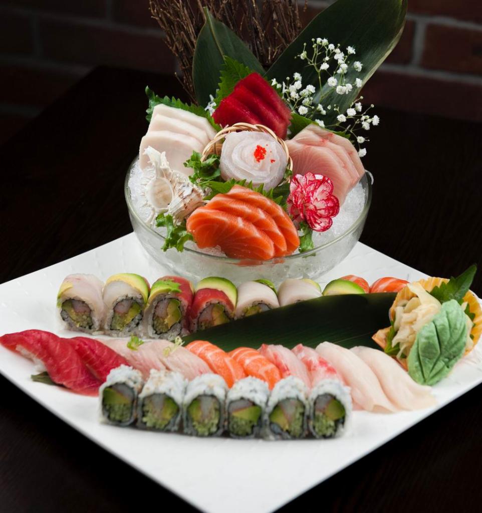 Sushi and Sashimi for 2 · 10 pieces of sushi, 15 pieces of sashimi, one special roll and one California roll. Served with soup or salad.