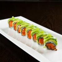 Inferno Roll · Spicy crunchy salmon and cucumber topped with avocado and wasabi tobiko. 