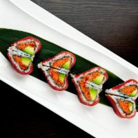 Sweet Heart Roll · Spicy tuna, avocado, tempura flake and tobiko wrapped with fresh tuna. 
