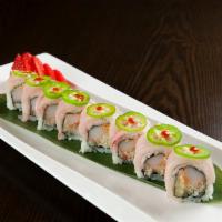 Amazing Yellowtail Roll · Spicy Crabmeat, cucumber and Crunch, masago, topped with yellowtail, jalapeno and chili sauce.