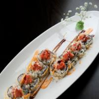 Crab Summer Roll · Deep fried shrimp, crab and asparagus, topped with spicy tuna, eel sauce and spicy mayo. 