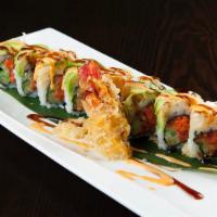 Lobster King Roll · Spicy tuna with crunch and cucumber, topped with lobster tempura and avocado with special sa...