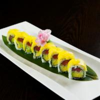 Golden Tuna Roll · Tuna, avocado, cucumber inside, topped with mango with chef?s sauce