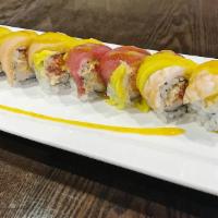 Fantastic Roll · Lobster salad, spicy crunchy tuna, kani, cucumber, topped with shrimp, smoked salmon, white ...
