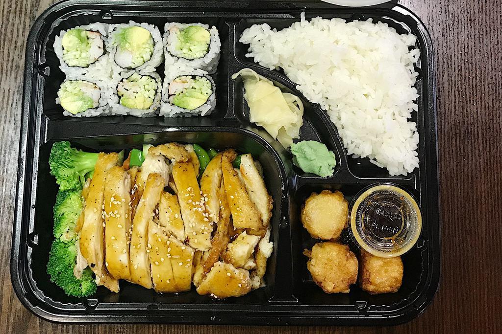 Teriyaki Dinner Bento Box · Served with shumai California roll, salad, soup and rice. 