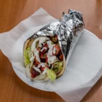 Chicken Gyro · Marinated grilled chicken cooked with Onions and Peppers served on a warm pita. Choice of Sa...