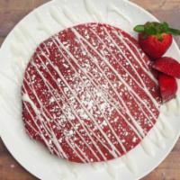 Raving Red velvet Pancakes · 2 ravishingly red velvet pancakes topped with powdered sugar and our homemade cheesecake fro...