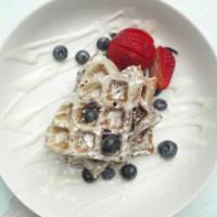 ’’Blue Bird’’ Blueberry waffle · This blueberry waffle is nothing short of Amazing ,topped with powdered sugar and cream chee...