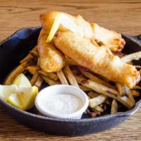 Fish and Chips · Tempura-battered cod, Served with house fries, home-made tartar sauce and Irish Coleslaw