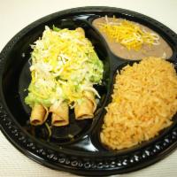Special#3: Three Rolled Tacos Plate · Your choice of shredded BF or shredded CKN taquitos with guacamole, lettuce and cheese. Rice...