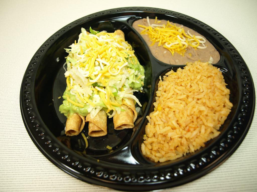 Special #3. Three Rolled Tacos Plate · Your choice of shredded beef or shredded chicken tacos with guacamole, lettuce and cheese, rice, and beans with cheese on the side.