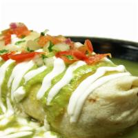 Chile Verde Burrito · Chile Verde (pork), rice and beans inside, with sour cream, pico de gallo, and mild green sa...